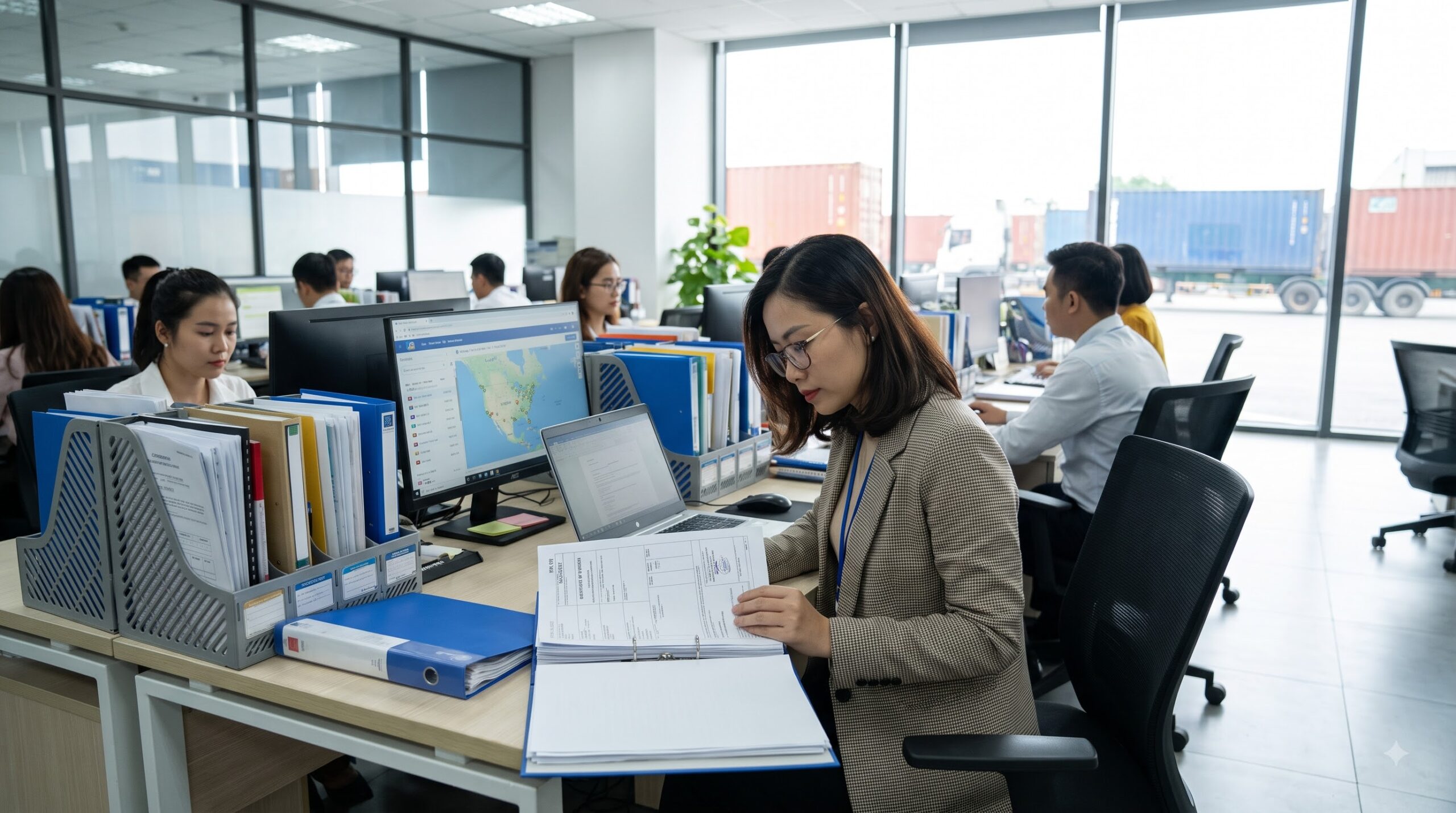Chuyên viên xuất nhập khẩu kiểm tra Certificate of Origin và bộ chứng từ hàng hóa